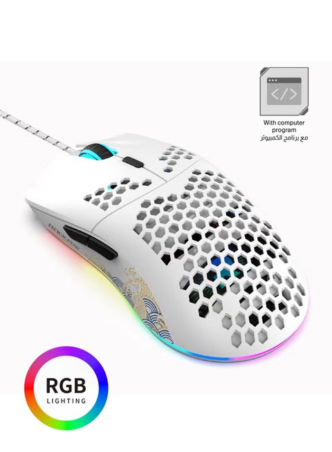 ROCK POW Honeycomb Gaming Mouse Ultralight High-Precision 8000 DPI Optical Sensor 6 Programmable Buttons RGB,Ergonomic Wired RGB Gaming Mice for Mac, Laptop, Computer
